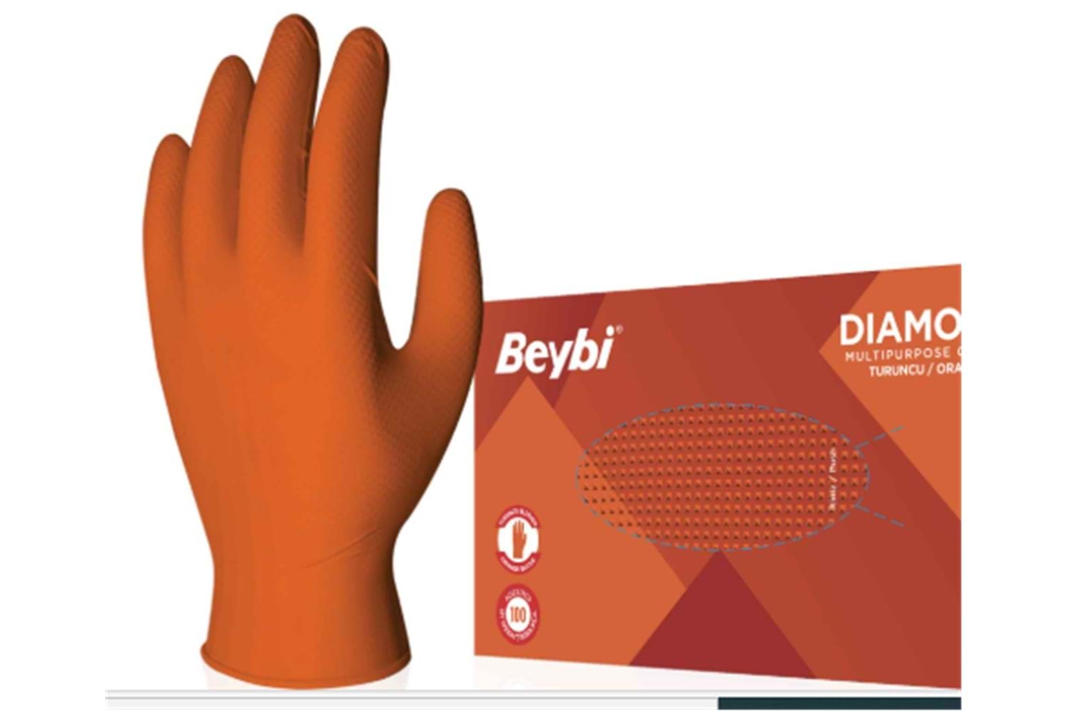 Beybi Diamond Pudrasız L Beden Kalın Turuncu Nitril Eldiven Large 100 Adet