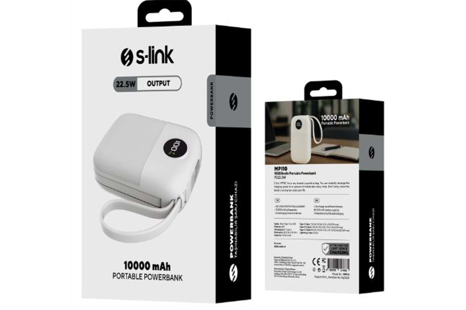 S-link MP110 10000mAh PD22.5W Type-C+Lightning Kablolu Beyaz Pil Şarj Cihazı Powerbank