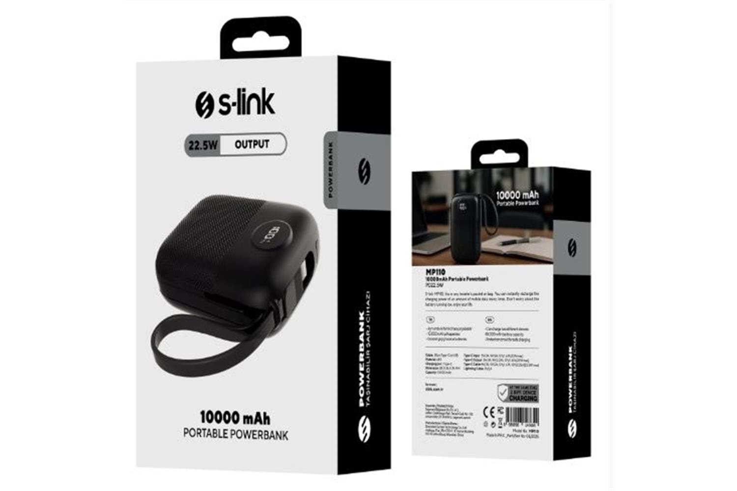 S-link MP110 10000mAh PD22.5W Type-C+Lightning Kablolu Siyah Pil Şarj Cihazı Powerbank