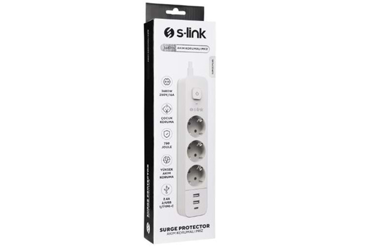 S-link SPG03TC 5V2.4A 1.5m 3x1.00mm 100 yüzde Bakır 750 Joule 3 lü Anahtarlı Akım Korumalı Beyaz Priz