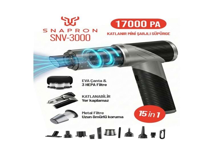 Snapron SNV-3000 17000PA 2000Mah 15in1 Güçlü Vakum Ve Üflemeli Şarjlı Katlanabilir Araç Süpürgesi 