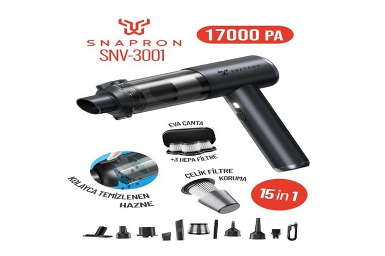 Snapron SNV-3001 17000PA 2000Mah 15in1 Güçlü Vakum Ve Üflemeli Şarjlı Katlanabilir Araç Süpürgesi 