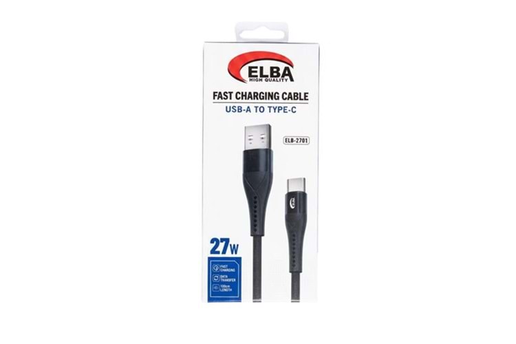 Elba ELB-2701 27w Usb-a To Type-c 1mt Siyah Örgülü Şarj Kablosu 480Mps Hızlı Şarj