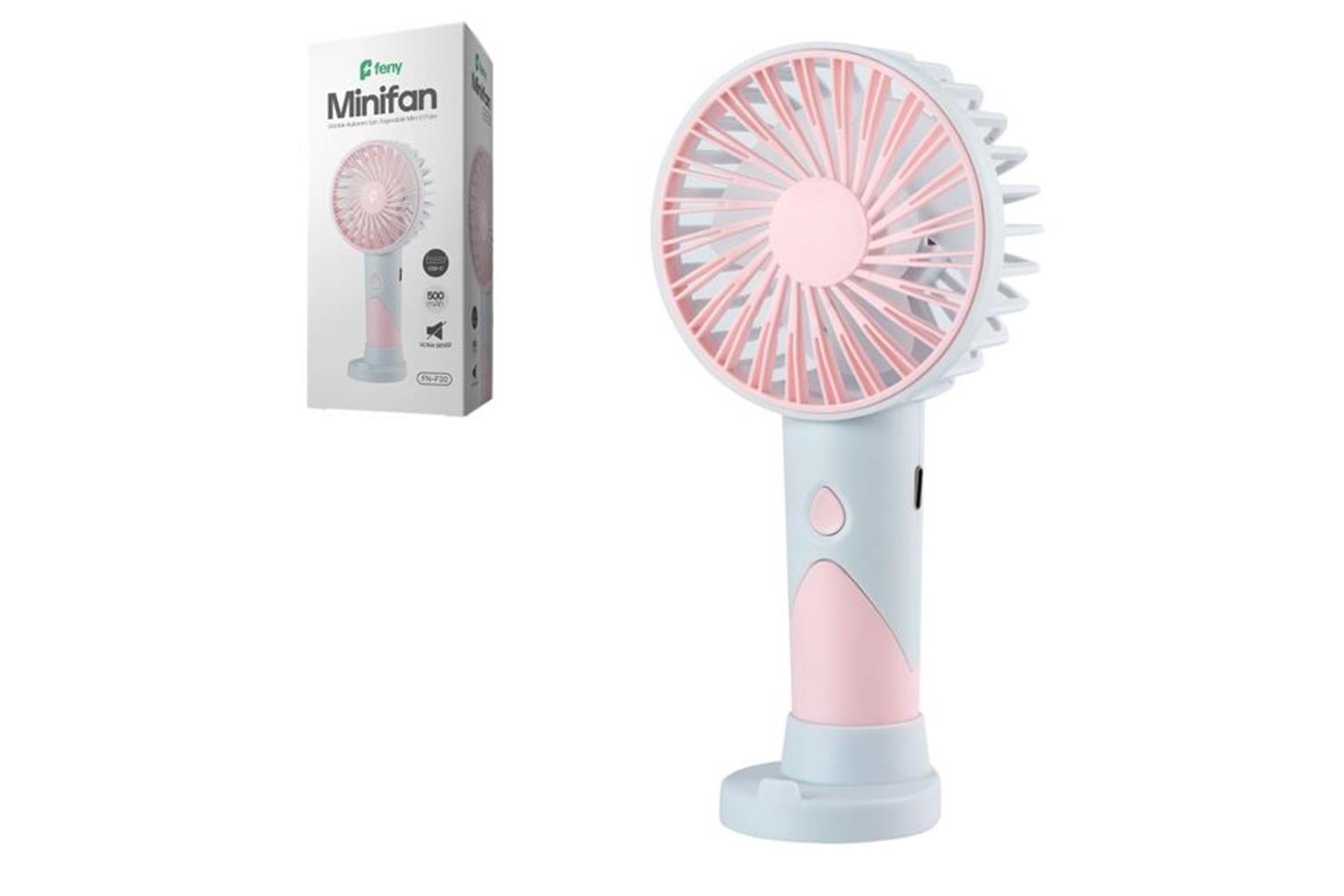 Feny FN-F20 Pembe-Açık Mavi Kademeli Ultra Sessiz Şarjlı Taşınabilir 500Mah Mini El Fanı
