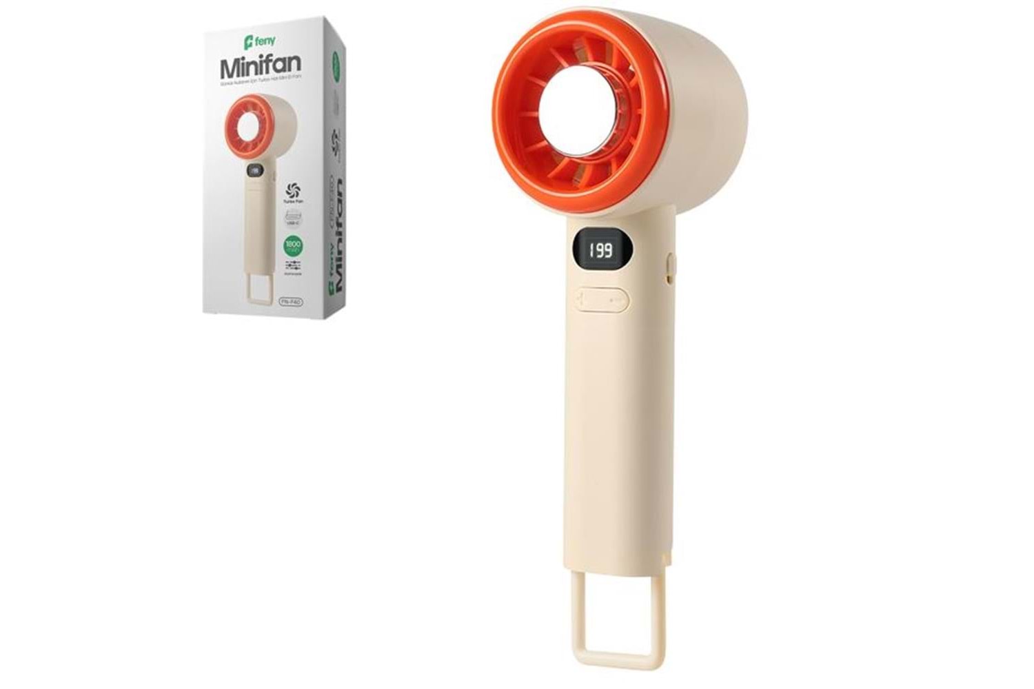 Feny FN-F40 Krem-Turuncu Kademeli Ultra Sessiz Led Göstergeli Şarjlı 1800Mah Turbo Mini El Fanı