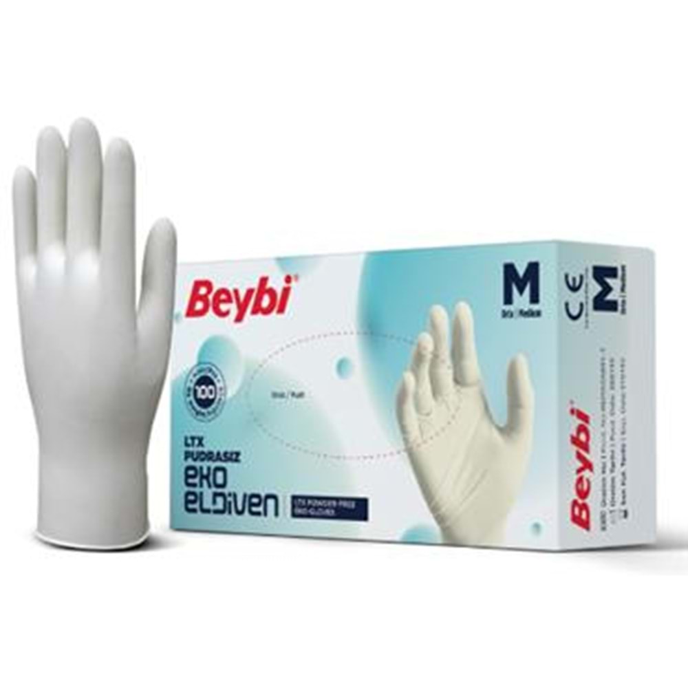 Beybi Lateks Pudrasız Eko (M) Medium Beden Muayene Eldiven 100lü Paket 