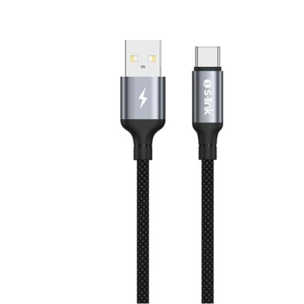 S-link Armor UC-01 12W 1.2m USB to Type-C PD Örgülü Metal Başlıklı Siyah Hızlı Şarj Kablosu