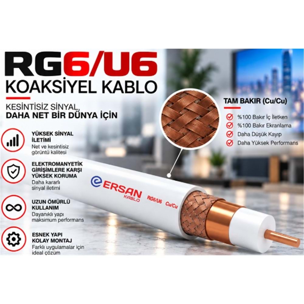 Ersan RG 6-U6 Cu - Cu Class B PVC 100 Metre Beyaz Uydu Kablosu