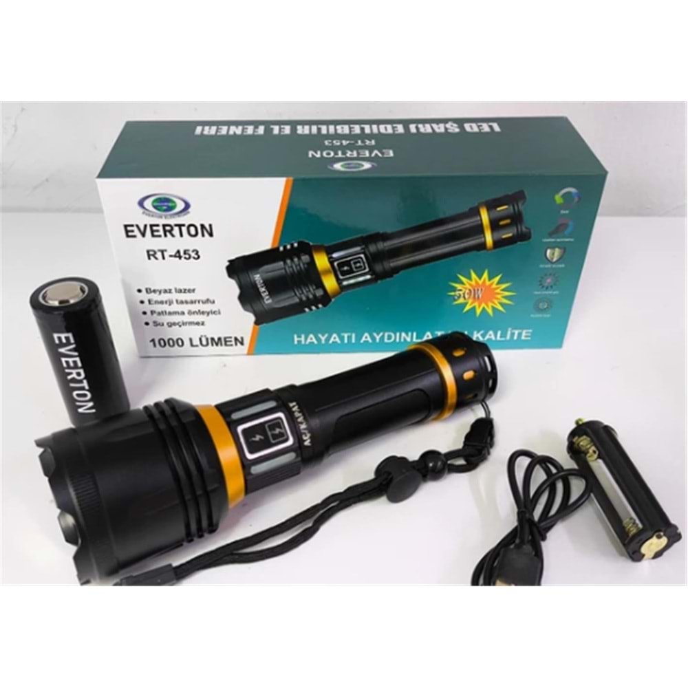 Everton RT-453 Metal Fener 50w Şarjlı Parlaklık Ayarı 4800Mah 26650 3.7v Lıon Pil)
