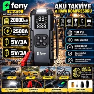 Feny FN-AT20 20.000 Mah 5v-3a Akü Takviye Ve Hava Kompresörü (Lastik Şişirme- Powerbank) Çantalı 