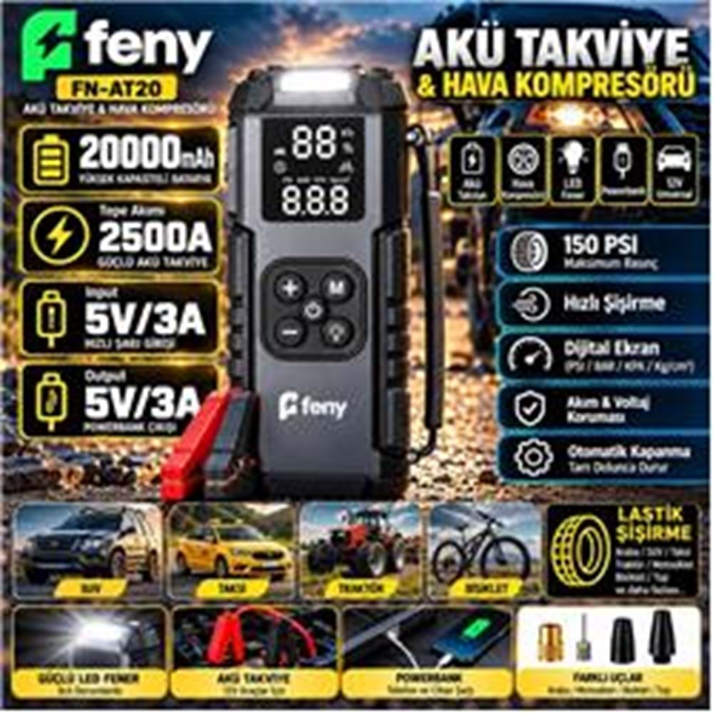 Feny FN-AT20 20.000 Mah 5v-3a Akü Takviye Ve Hava Kompresörü (Lastik Şişirme- Powerbank) Çantalı 