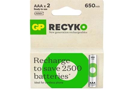 GP AAA 650 mAh Şarjlı İnce Kalem Pil 2'li Paket GP65AAAHCHP-BU2