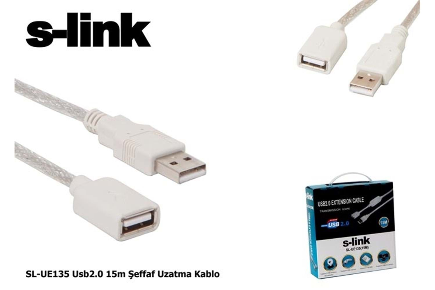 S-link SL-UE135 15mt 2.0 Usb Şeffaf Uzatma Kablosu