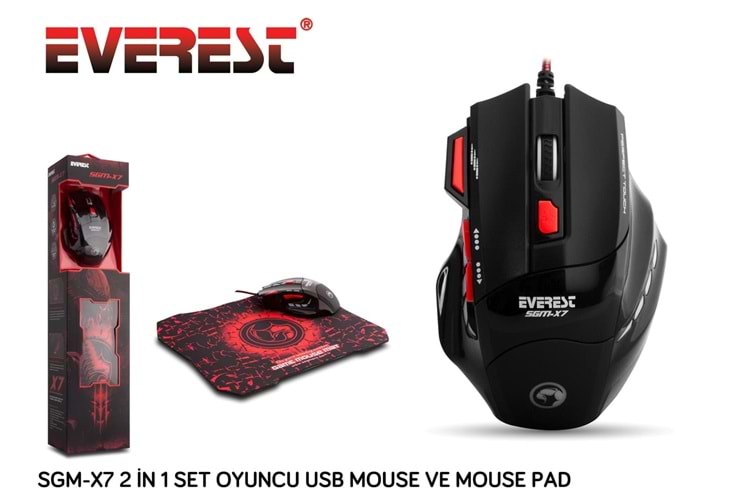Everest SGM-X7 Usb Siyah Makrolu 7200dpi Oyuncu Mouse +Gaming Mouse Pad