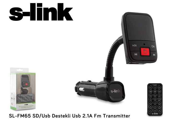 S-link SL-FM65 Hafızasız mp3 Transmıtter 2.1a Usb Şarj Portlu Usb Micro Sd Kart Destekli Kumandalı
