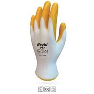 Beybi Nitril Poly PN7 9 Beden Beyaz Sarı Eldiven 12li Paket 