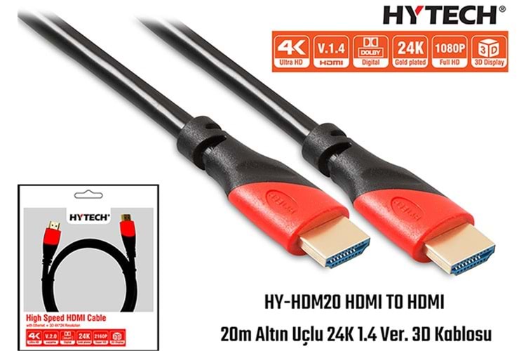 Hytech HY-HDM20 Hdmi To Hdmi 20m Altın Uçlu 24k 1.4 Ver 3d Kablosu