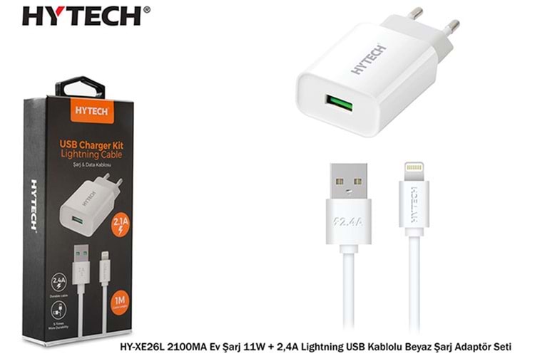 Hytech HY-XE26L 2100MA Ev Şarj 11W + 2,4A Lightning USB Kablolu Beyaz Şarj Adaptör Seti