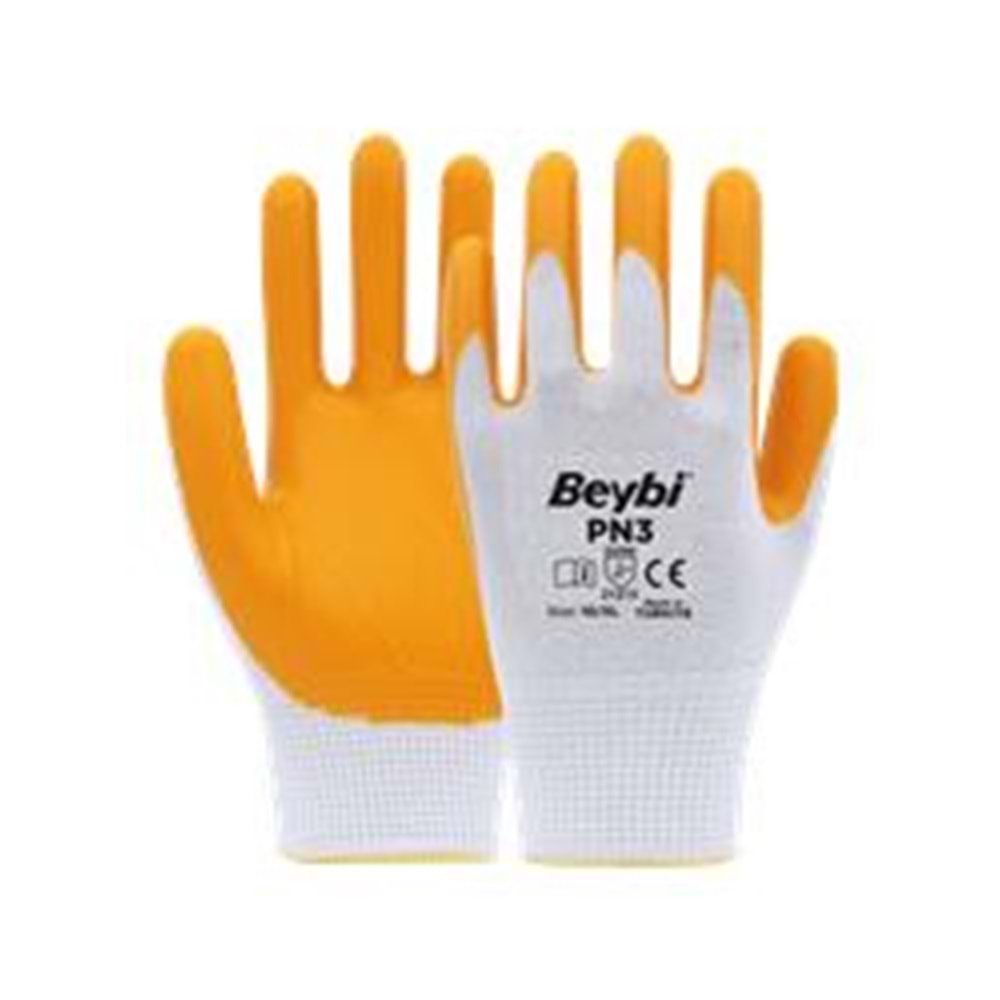 Beybi PN3 Beyaz Sarı 10 Beden Polyester Örme Nitril Eldiven 12li Paket EN388 (2121X)