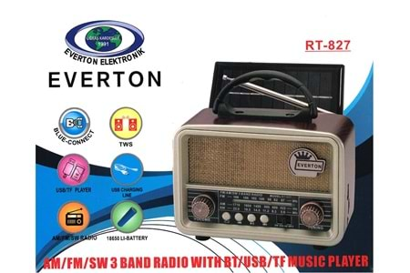 Everton RT-827 Bluetooth-USB-SD-FM Şarjlı Nostaljik Radyo (Solar Güneş Panelli)