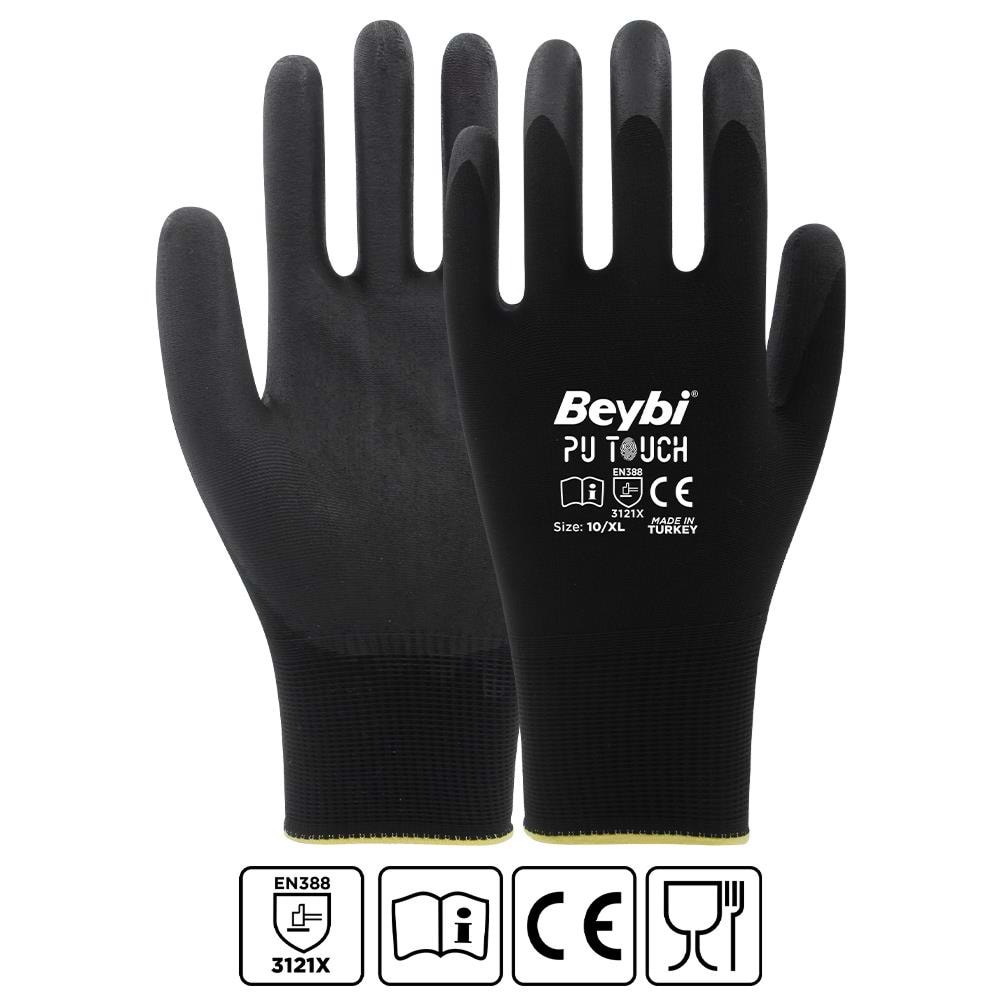 Beybi 7 Beden 12li Paket Poliüretan Kaplı Pu Touch Siyah Montaj Eldiven EN388 (3121X) 