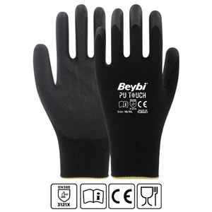 Beybi 7 Beden 12li Paket Poliüretan Kaplı Pu Touch Siyah Montaj Eldiven EN388 (3121X) 