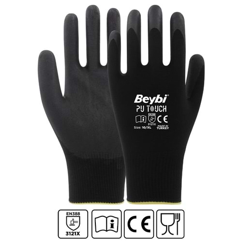 Beybi 7 Beden 12li Paket Poliüretan Kaplı Pu Touch Siyah Montaj Eldiven EN388 (3121X) 