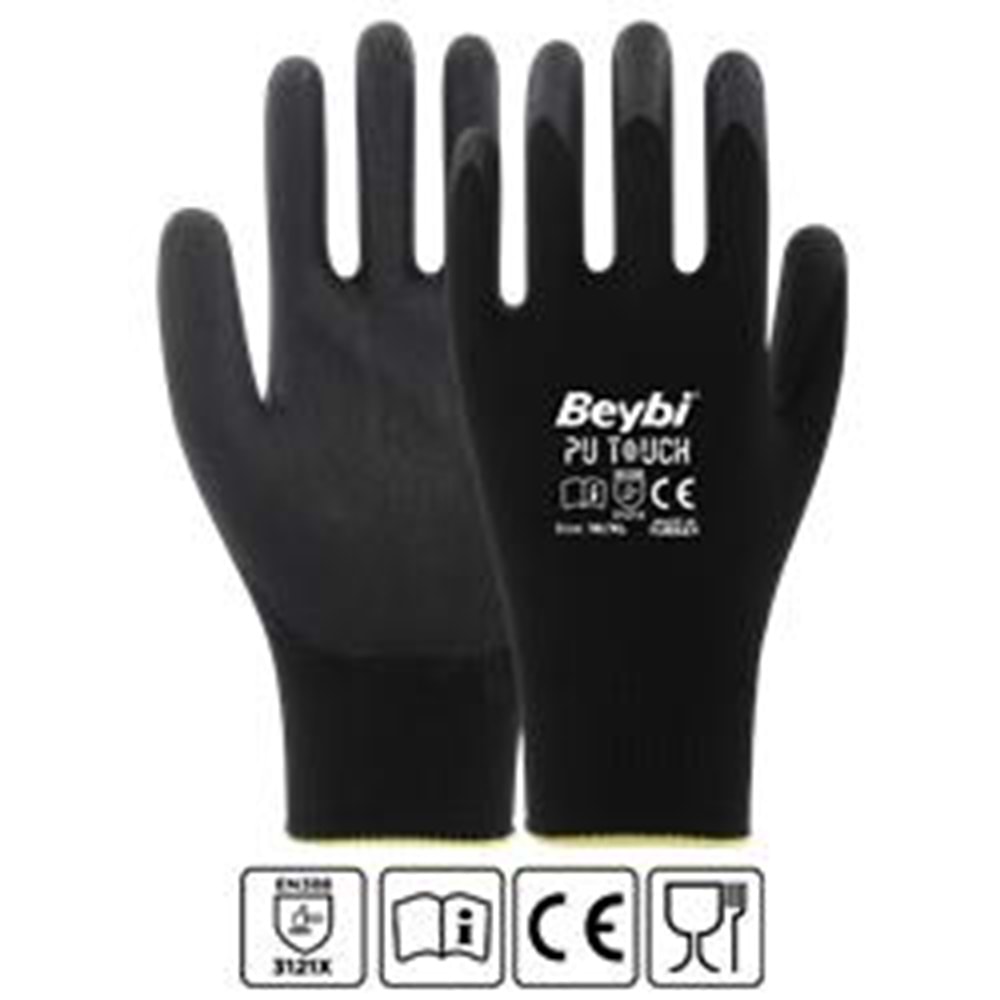 Beybi 7 Beden 12li Paket Poliüretan Kaplı Pu Touch Siyah Montaj Eldiven EN388 (3121X) 