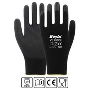 Beybi 7 Beden 12li Paket Poliüretan Kaplı Pu Touch Siyah Montaj Eldiven EN388 (3121X) 